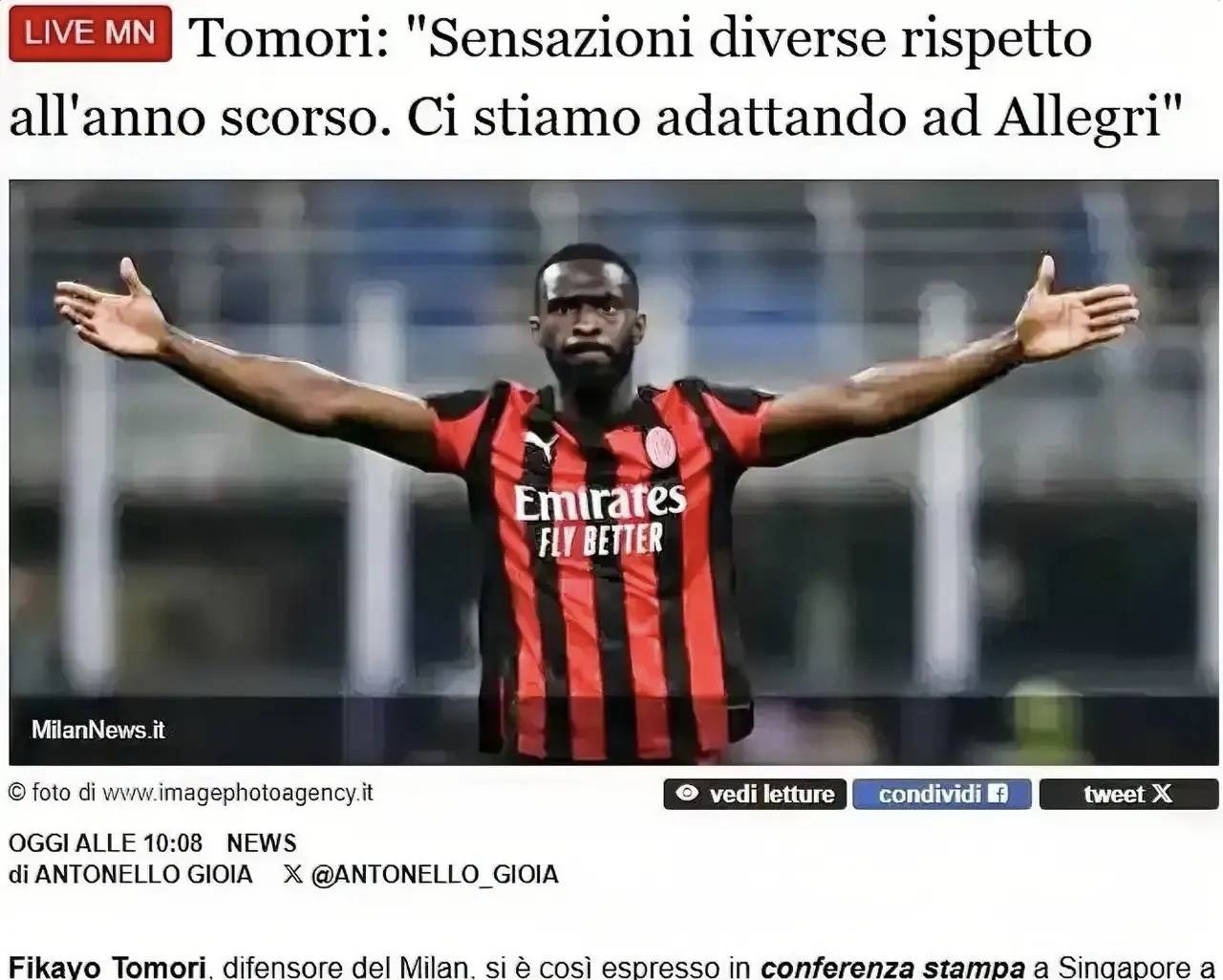 意甲:米兰球员托莫里接受采访时表示,我会努力适应阿莱格里的战术,去竞争主力位置